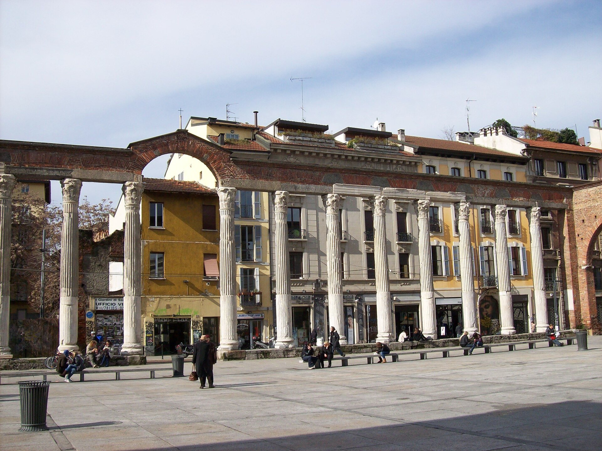 The sixteen Roman columns in front of the basilica of San Lorenzo, with the square beyond