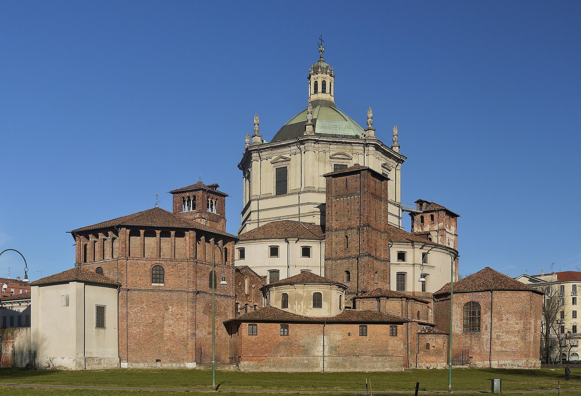The basilica of San Lorenzo from behind, its brick drum and dome