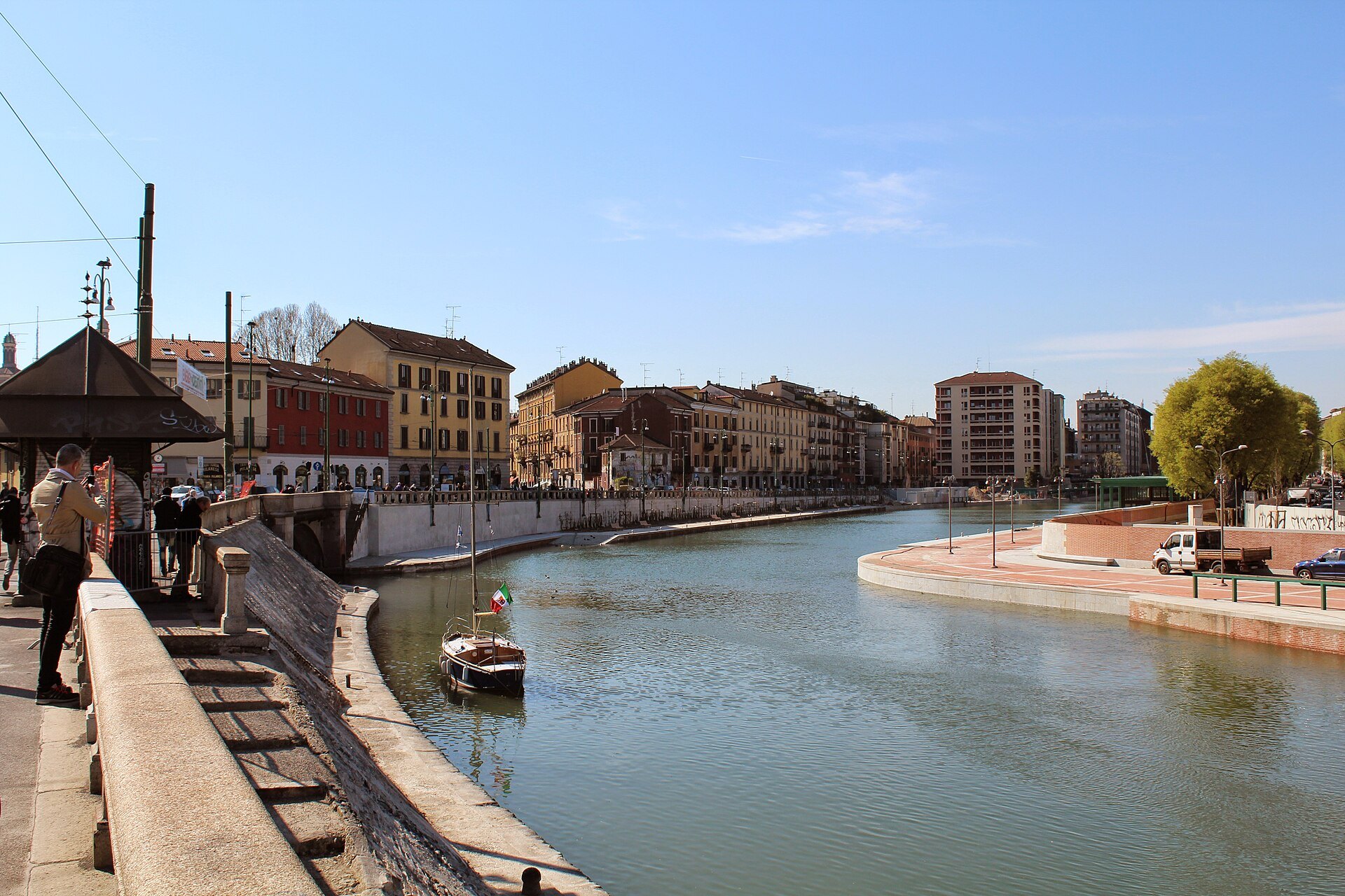 The Darsena basin from the quay, with the market hall along one side