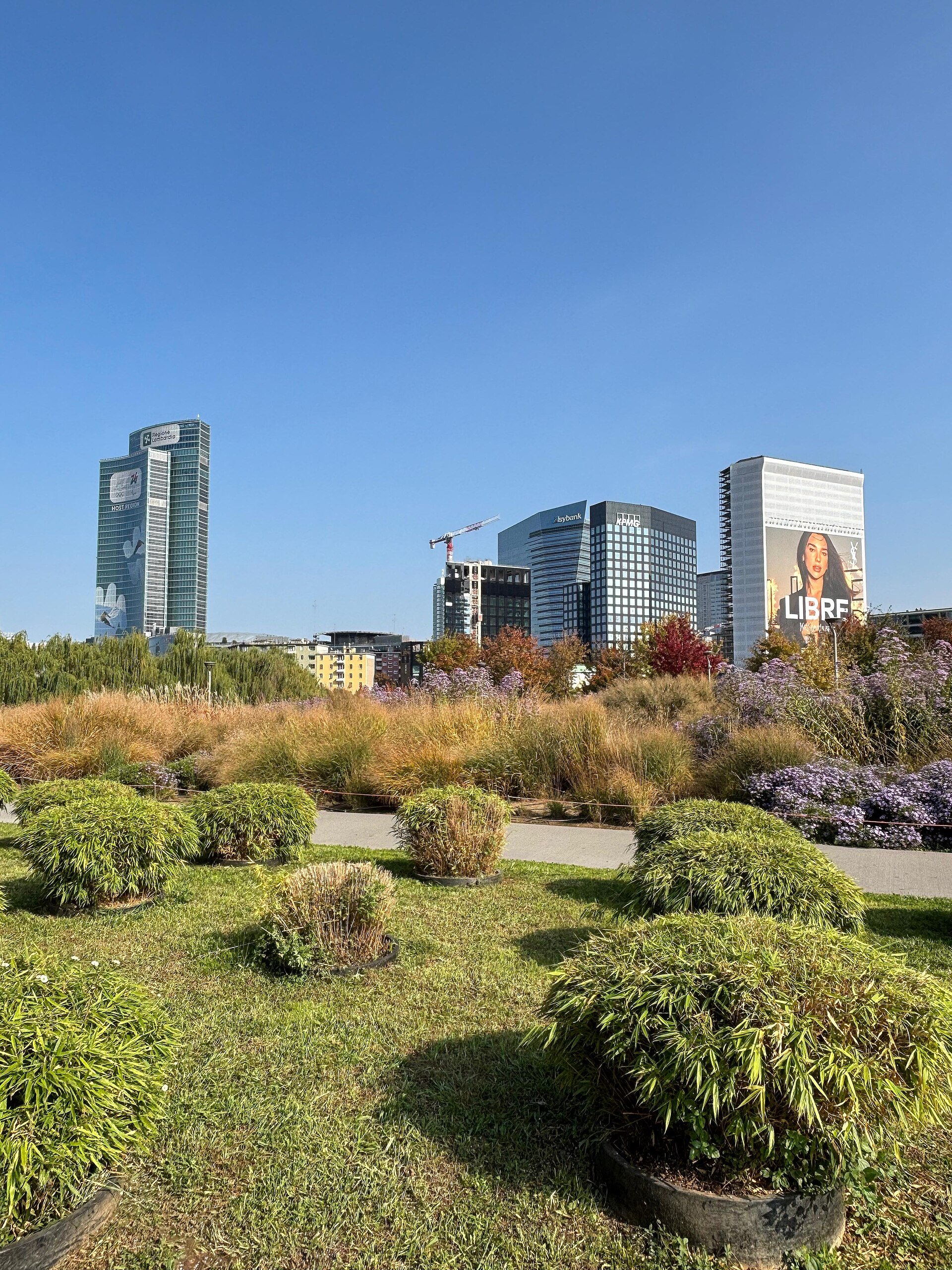 The Biblioteca degli Alberi park with the towers of Porta Nuova rising behind the planting