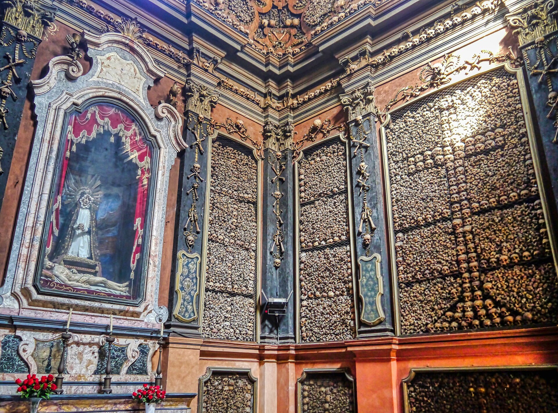 A wall of the ossuary chapel, skulls and long bones set into panels
