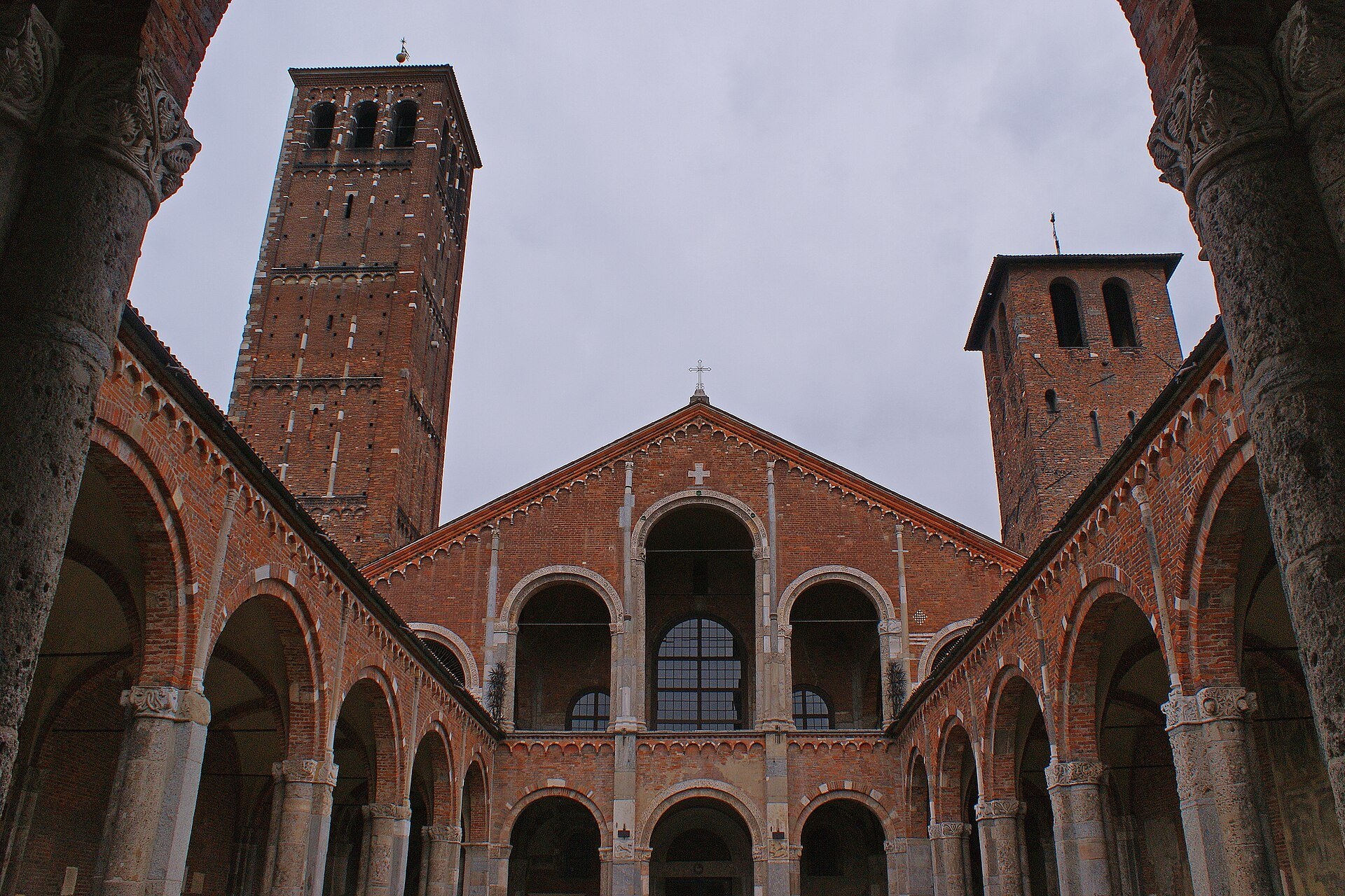 The front of the basilica of Sant'Ambrogio with its arcaded gable